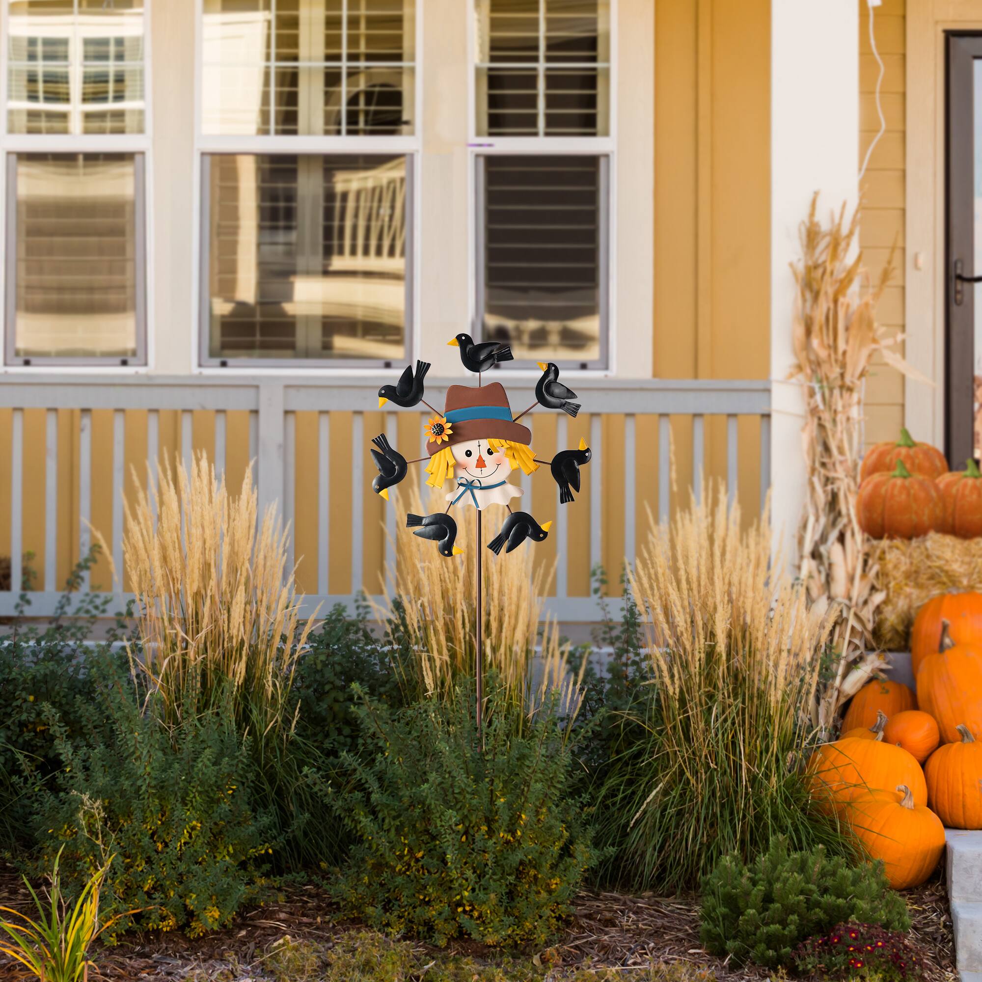 Glitzhome® 41.75" Fall Scarecrow Head with Crows Windmill Yard Stake